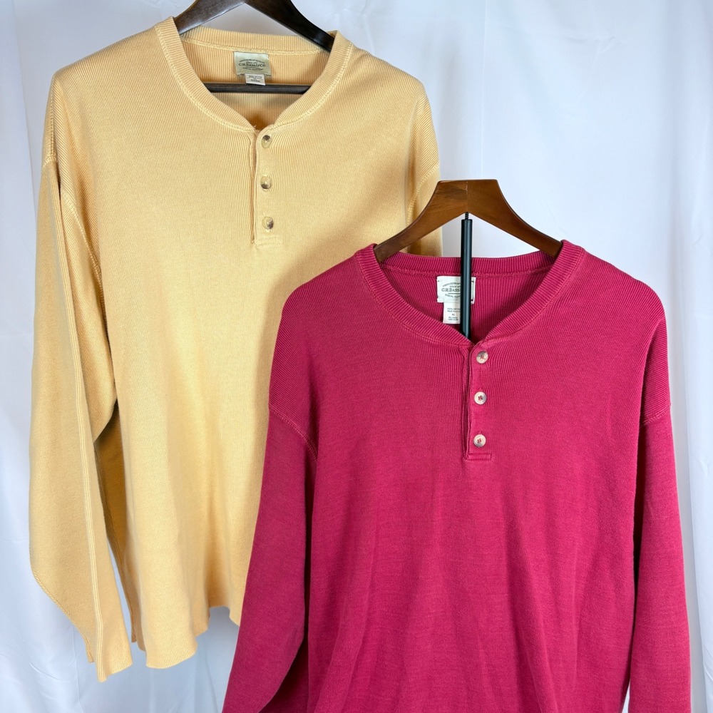 G H Bass Men XL Henley Shirts Lot of 2 Heavyweight Cotton Ribbed Yellow Red USA